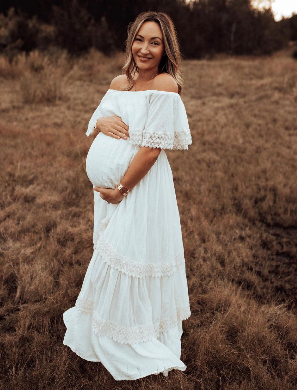 White lace off the shoulder hot sale maternity dress