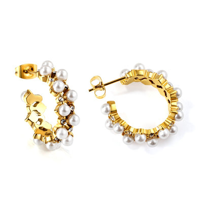 Gold pearl hoop earrings