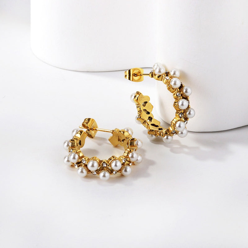 Gold pearl hoop earrings