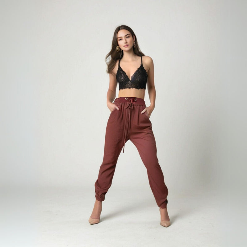 red linen track pant