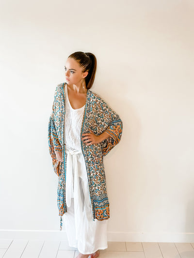 BLUE FLORAL BOHO ROBE WHITE OUTFIT