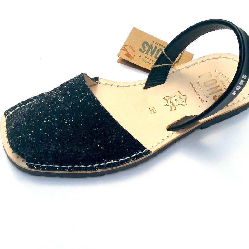 Leather Avarca Sandals BLACK GLITTER - PONS